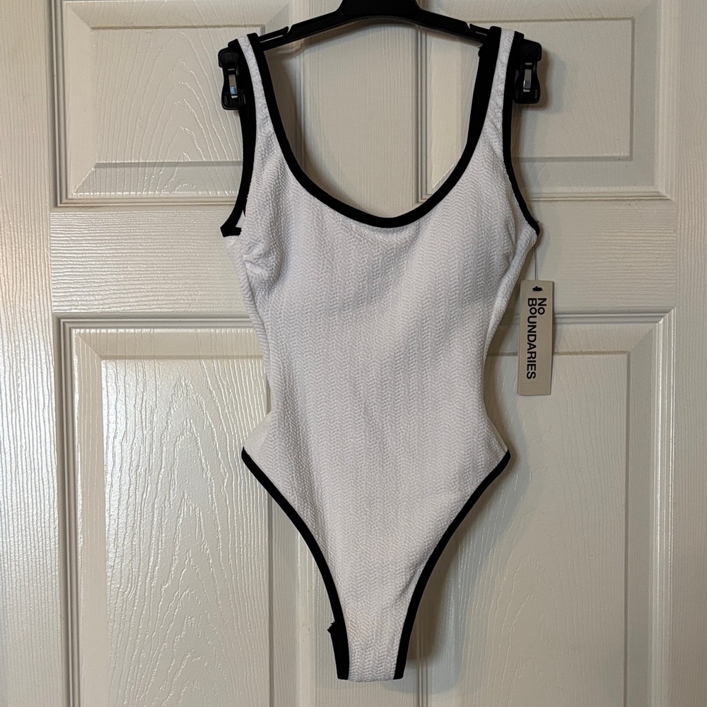 No Boundaries White One-Piece Swimsuit with Black Trim